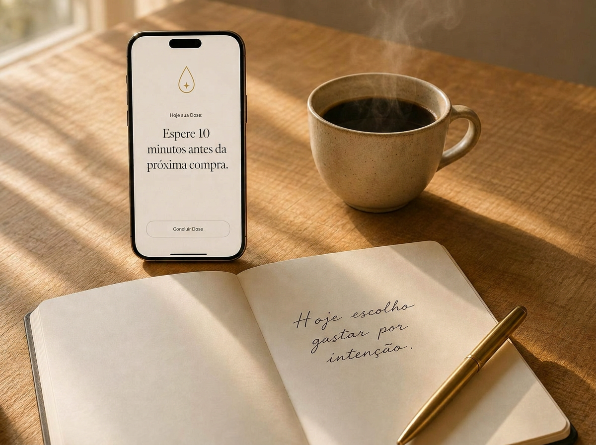 Mesa da manhã: iPhone com a Dose Diária, caderno e café