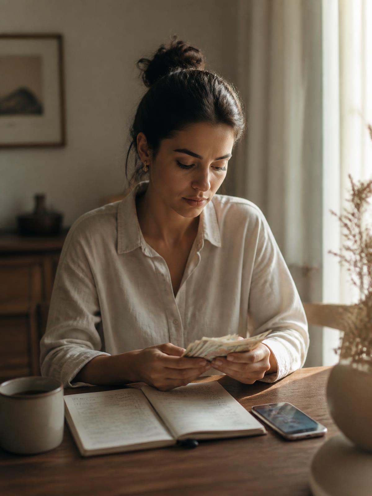 Mulher revisando contas em casa, com caderno e xícara de café