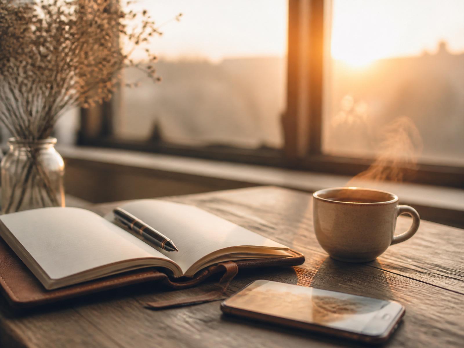 Amanhecer sobre uma mesa de madeira com caderno aberto, caneta, xícara de café fumegante e celular